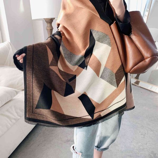 

and geometric short beard color matching imitation cashmere scarf women's air conditioning shawl warm fashion double-sided, Blue;gray