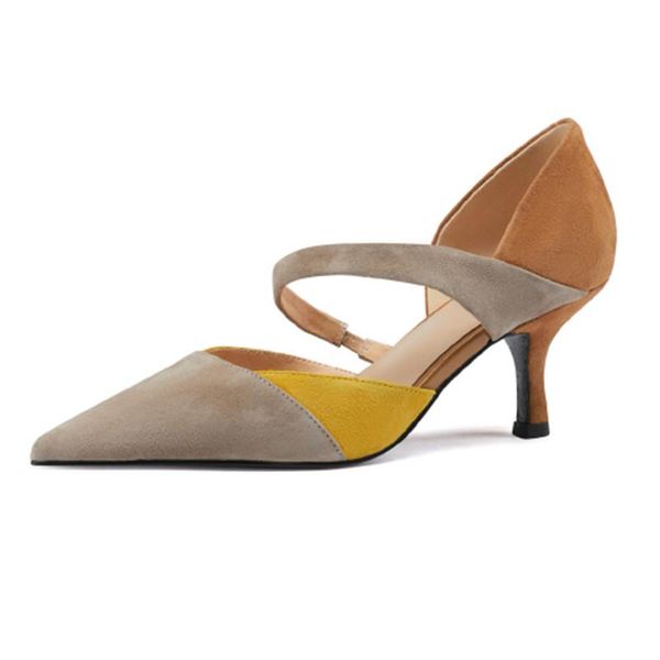

dress shoes summer high heels sheep suede slip-on women elastic band mixed colors shallow pumps pointed toe thin party, Black