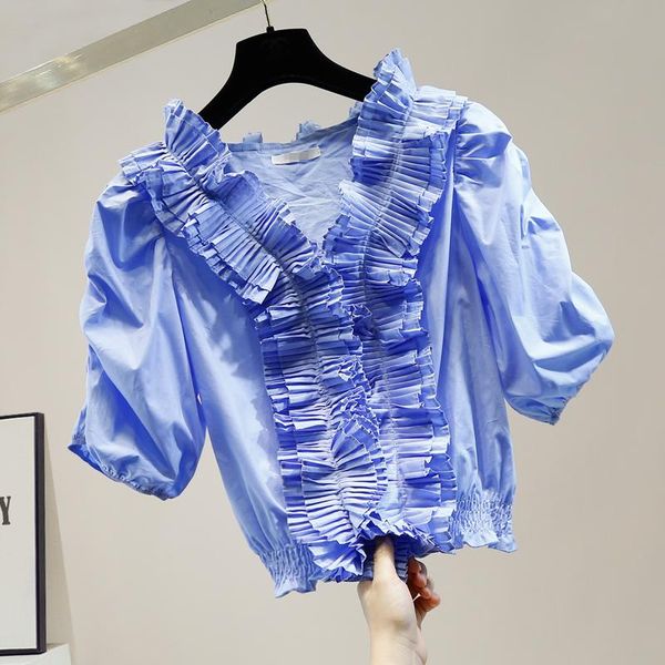 

women's blouses & shirts women blouse french retro pleated sleeve v-neck high waist shirt female temperament all-match crop, White