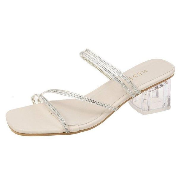 

slippers fashion women's 2021 mature simple vamp rhinestone decoration elegant all-match with heel, Black
