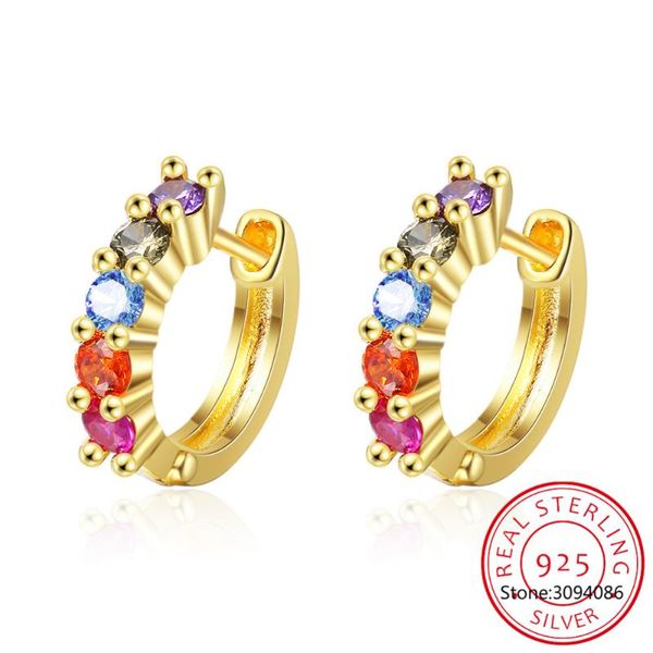 

hoop & huggie rainbow color sparkling earrings real 925 sterling silver circle zirconia for women luxury wedding jewelry, Golden;silver