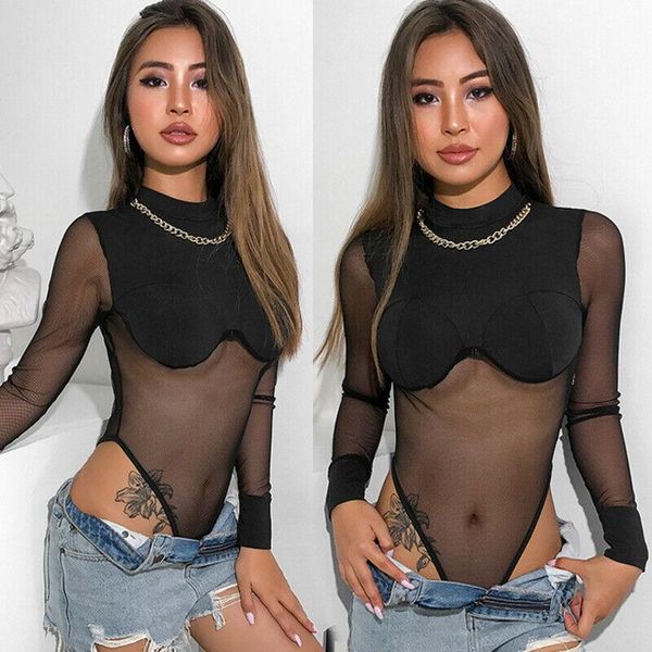 

women's jumpsuits & rompers sheer mesh lace bodysuits women 2021 long sleeve turtleneck party night club bodysuit clothes, Black;white