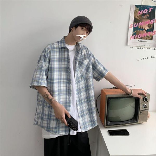 

men's casual shirts summer plaid shirt men korean fashion harajuku streetwear social short sleeve loose -2xl, White;black