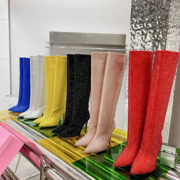 2021 novo outono e inverno botas moda casual brilhando diamante completo alto salto alto tubo longo apontado mulheres boot