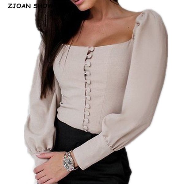 

retro french style square neck puff sleeve shirt women single-breasted buttons short cropped blouse 210429, White