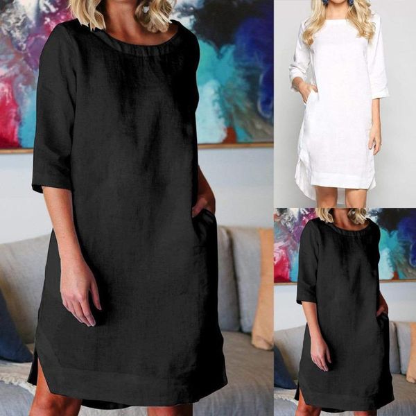 

missomo autumn women dress o-neck solid pockets cotton linen 3/4 sleeve vestidos plus size loose woman femme robes casual dresses, Black;gray
