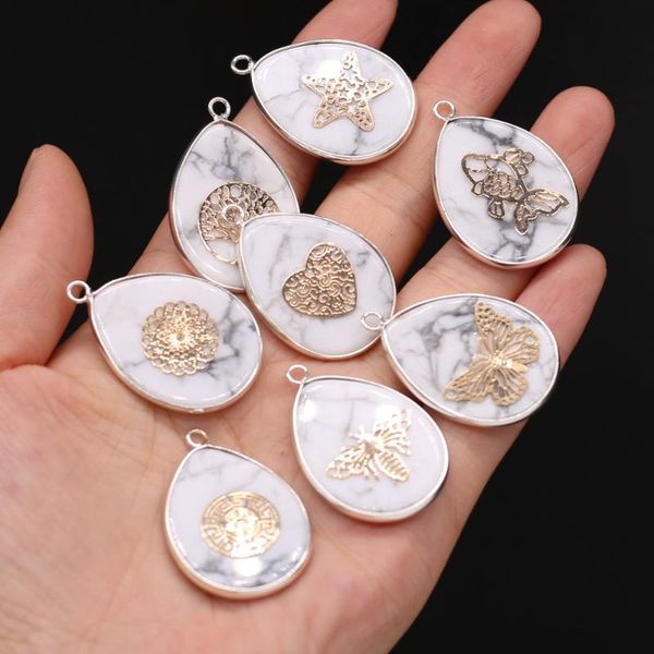 

charms natural semi-precious stone pendant water droplets shape silver plated edge white turquoise for jewelry making necklaces gift, Bronze;silver