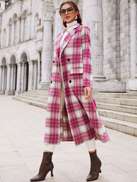 

tartan pattern lapel neck double breasted overcoat without belt n3lp#, Black