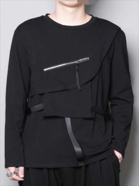 

men's t-shirts long sleeve t-shirt spring and autumn dark round collar irregular personality ribbon zipper patchwork, White;black
