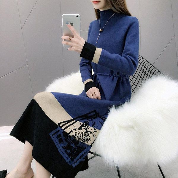

casual dresses long autumn and winter 2021 knit dress female turtleneck loose lace up patchwork sweater print pullover vestidos f2309, Black;gray