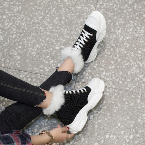 

women boots 2021 flat heels round toe fashion female booties lace up warm fur ladies leisure platform shoes, Black