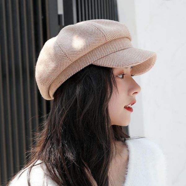 

korean version of the autumn octagonal hat female cotton checkered beret chao british retro thin casual hundred painter berets, Blue;gray
