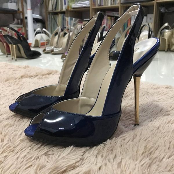 

women stiletto thin iron high heel sandals sling back peep toe black and blue patent party bridal ball lady shoe 3845-g13 dress shoes
