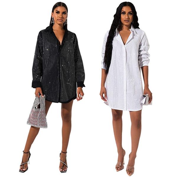 

casual dresses women's rhinestone striped shirt dress, Black;gray
