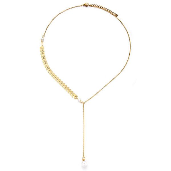 

pendant necklaces stainless steel leaf chain y shape imitation pearl for women wedding choker jewelry valentine's day gift, Silver