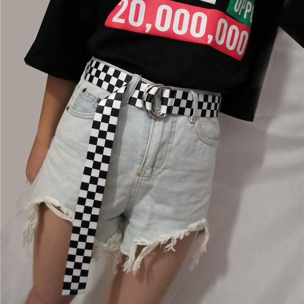 

1pcs women canvas plaid belt female checkerboard casual waist black white checkered double d ring buckle long belts 357, Black;brown