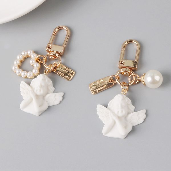 

creative vintage white angel keychain women girl cute mini pearl heart key chain car key ring holder trinket bag charms jewelry, Silver