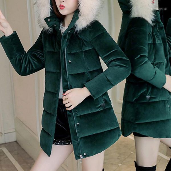 

women's down & parkas gold velvet cotton padded women middle and long style jacket 2021 korean slim fur hooded winter coat, Black