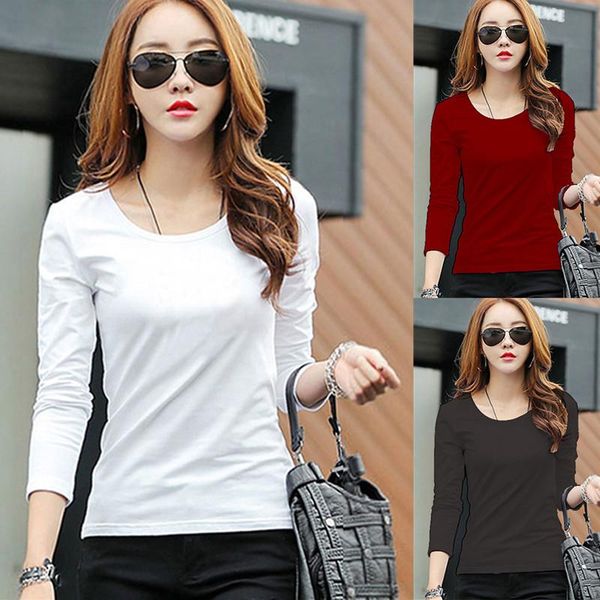 

women basic solid long sleeve t shirt round crew neck plain cotton spandex plus size lady tees & autumn women's t-shirt, White