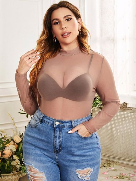 

plus mock neck sheer mesh without bra m3yc#, Black