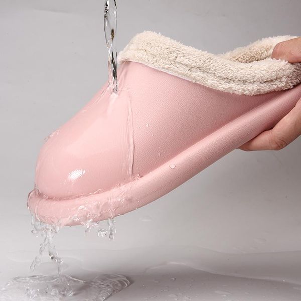 

women waterproof leather slippers shoes non-slip winter warm female home slipper womens indoor ladies slides, Black