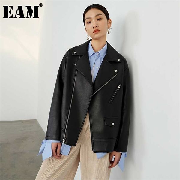 

[eam] loose fit pu leather black big size jacket notched collar long sleeve women coat fashion autumn winter 1dd4389 211014, Black;brown