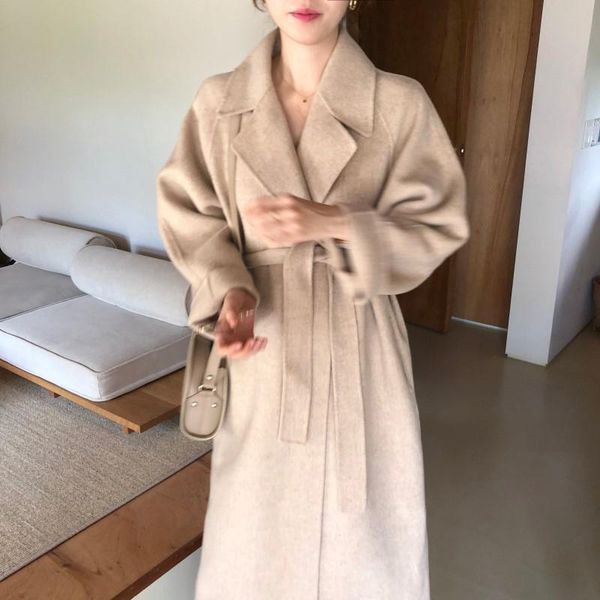 

women's wool & blends south korea's autumn fashion temperament lapel loose tie waist cardigan imitation cashmere woolen coat kk789, Black