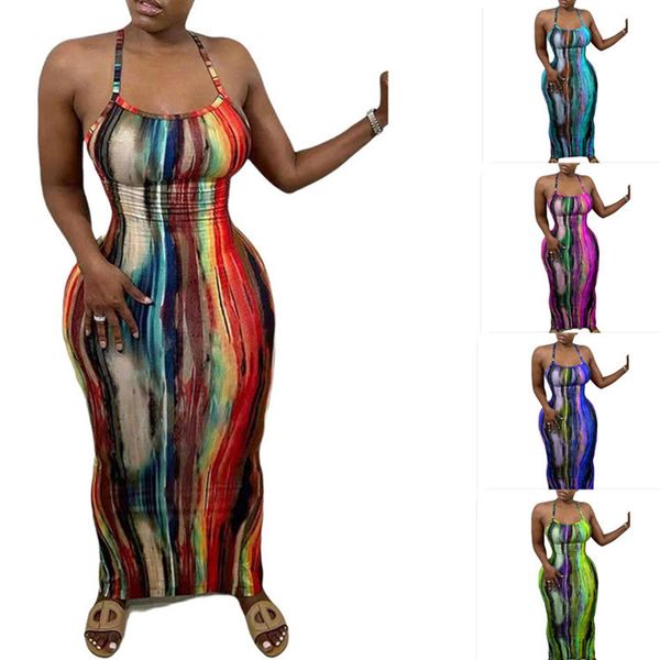 

women's dresses 2021 spring and summer suspender low cut sleeveless printing dyeing skirt, Black;gray