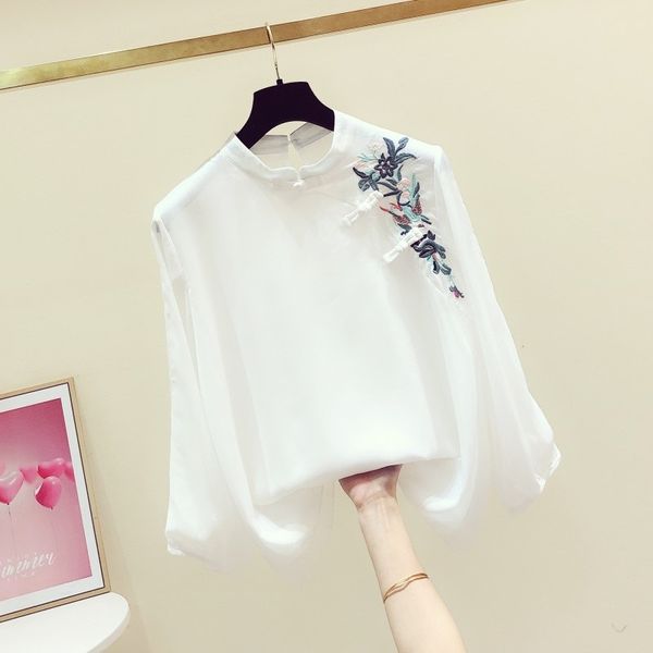 

women elegant hanfu chiffon qipao korean fashion shirts chinese style embroidered retro blouse vietnam ao dai t-shirt 12548, Red