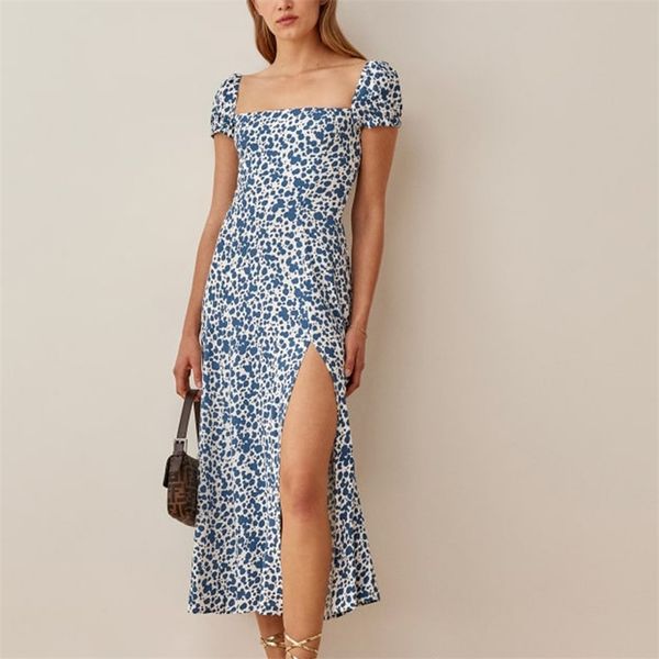 

summer women's casual printed square neck short sleeve split slim dress 210430, Black;gray