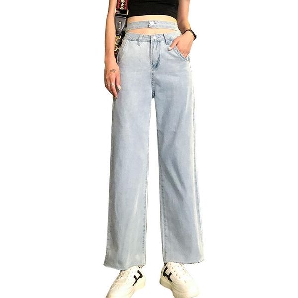 

hong kong style woman jeans high waist clothes wide leg denim clothing light blue streetwear 2021 fashion straight pants women's