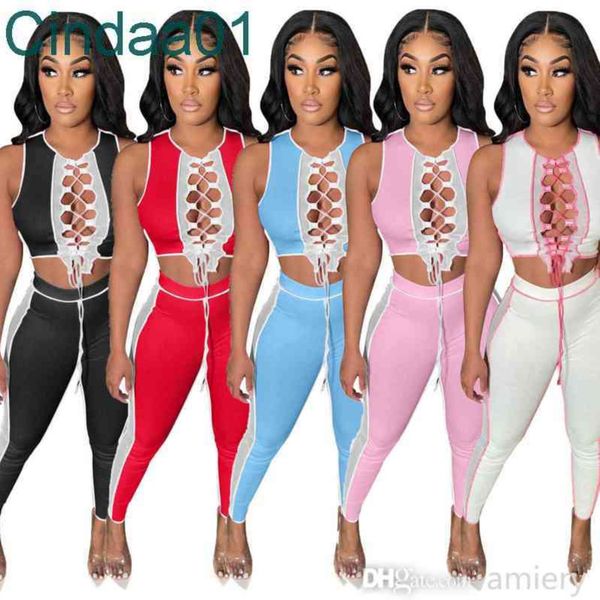 

women two piece pants designer summer shorts set color contrast pit splicing mesh bandage hollow leisure trousers outfits, White