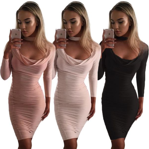 

women bodycon dresses long sleeve scoop neck one piece slim fit solid casual dress, Black;gray
