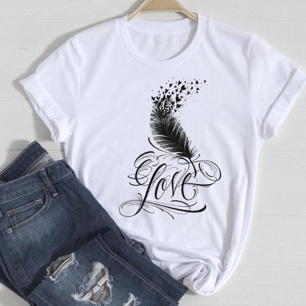 

women's t-shirt women short sleeve letter cute feather 90s fashion cartoon summer female tshirts clothes graphic t lady print tee, White