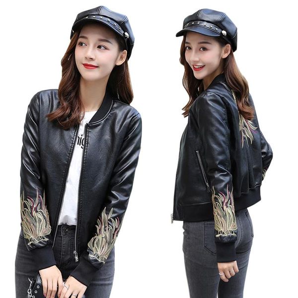 

women's leather & faux european print o neck pu jacket fashion motorcycle outwear women slim biker coat basic streetwear lu851, Black