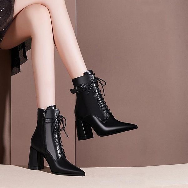 

boots thick heel short women's fall and winter 2021 versatile pointed high heels soft leather british, Black