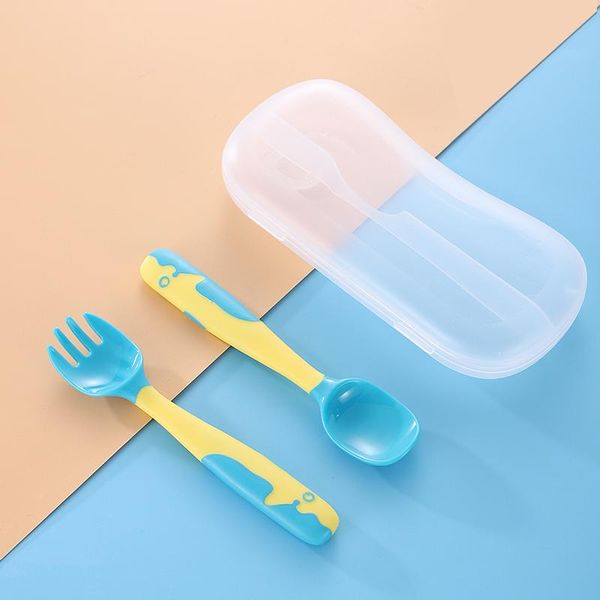 

flatware sets silicone spoon for baby utensils set auxiliary toddler learn to eat training bendable soft fork infant with storage box