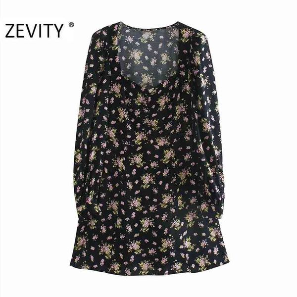 

women vintage pleats square collar floral print side zipper dress ladies puff sleeve business vestido chic dresses ds4519 210420, Black;gray