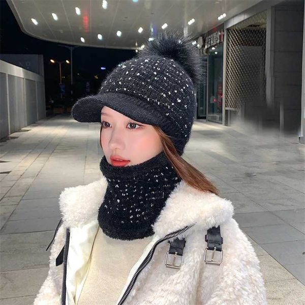 

brand winter visor hat mixed color knit beanie skullies female sweet ski thick warm bonnet caps scarf set 211119, Blue;gray
