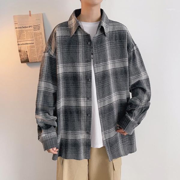 

spring and autumn youth ins loose lattice single-breasted long-sleeved shirt fashion casual wild -2xl1, White;black