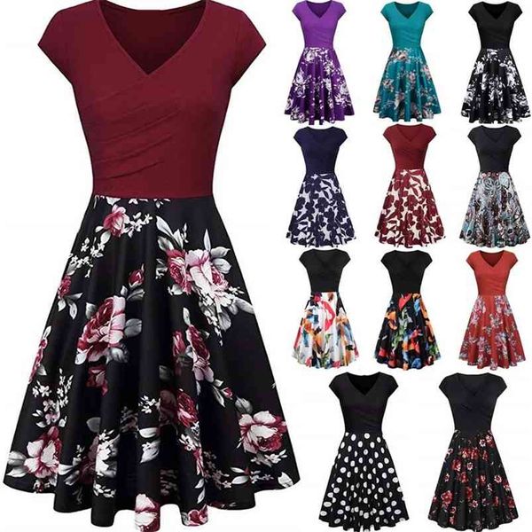 

casual female summer floral print slim mini dress v-neck big swing stitching retro sundress women plus size dresses 210329, Black;gray