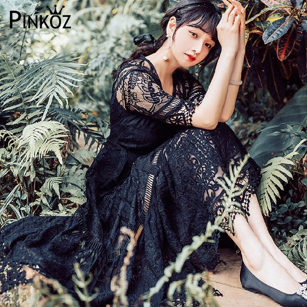 

black lace maxi dress v-neck hollow out gothic single breasted summer party chic es women 210421, White