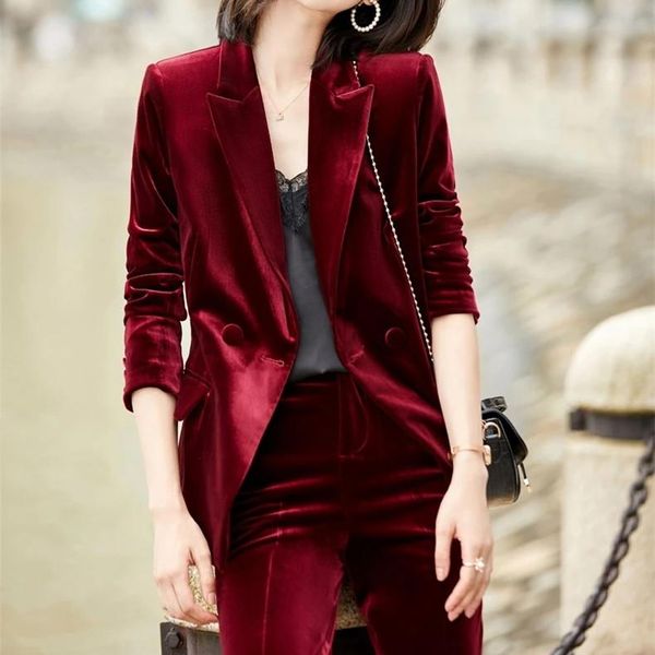 

women's two piece pants velvet formal uniform designs women pantsuits long sleeve autumn winter blazers professional interview, White