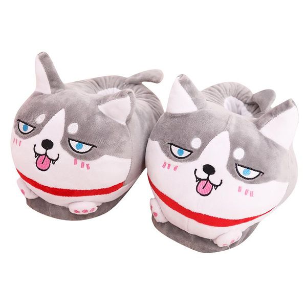 

slippers husky shoes funny dog couple home warm cotton plush floor bag with non-slip, Black