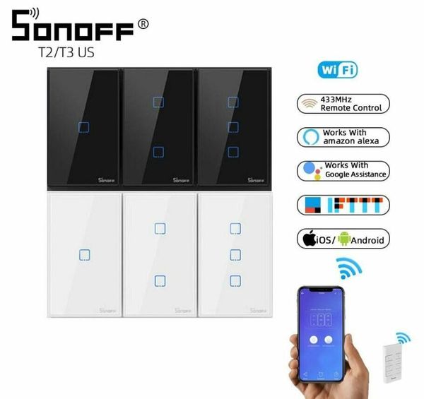 

smart home control sonoff tx t2/ t3 us standard wifi light touch screen wall switch glass app/ voice/ rf remote 1 2 3 g alexa google