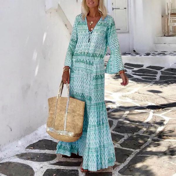 

casual dresses women vintage geometric print long party dress elegant flare sleeve beach 2021 spring summer v neck maxi, Black;gray