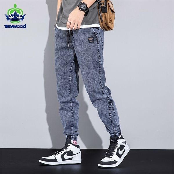 

spring summer loose men's jeans text embroidery baggy elastic waist harlan cargo jogger trousers male grey large size -8xl 220312, Blue
