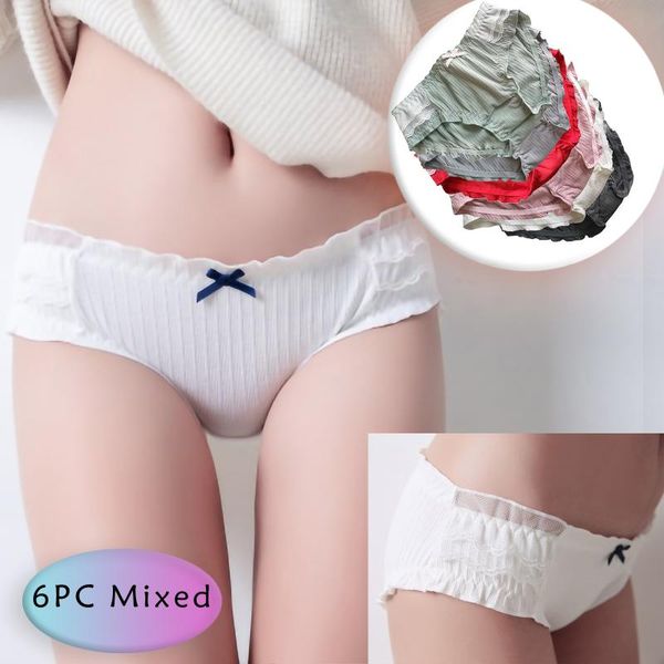 

women's panties 6pcs female underwear students' comfortable threaded underpants mid rise brief lovely lace lingeries majtki bezszw, Black;pink