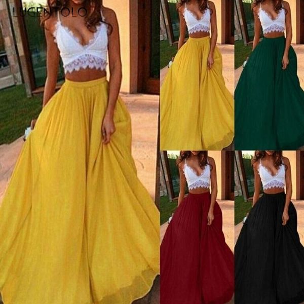 

long skirt women chiffon solid high waist big swing 2021 summer fashion a-line casual womens skirts lugentolo, Black
