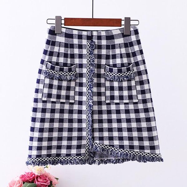 

skirts asymmetrical plaid womens 2021 autumn vintage korean high waist mini skirt pockets design knitted cotton tassel, Black